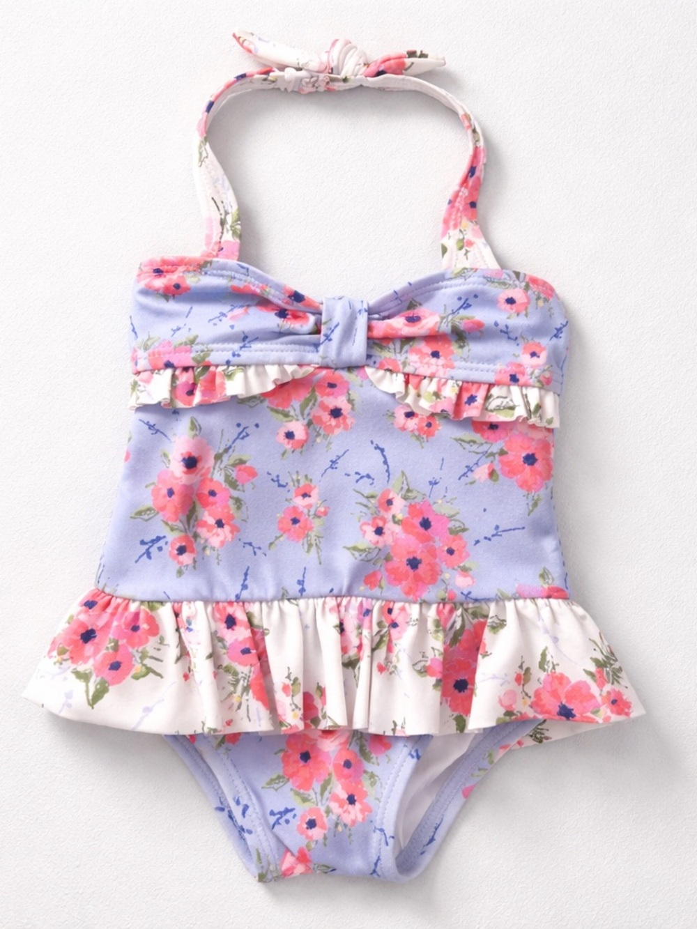 Janie and Jack purple one piece halter swimsuit with pink floral print 6-12 Mon